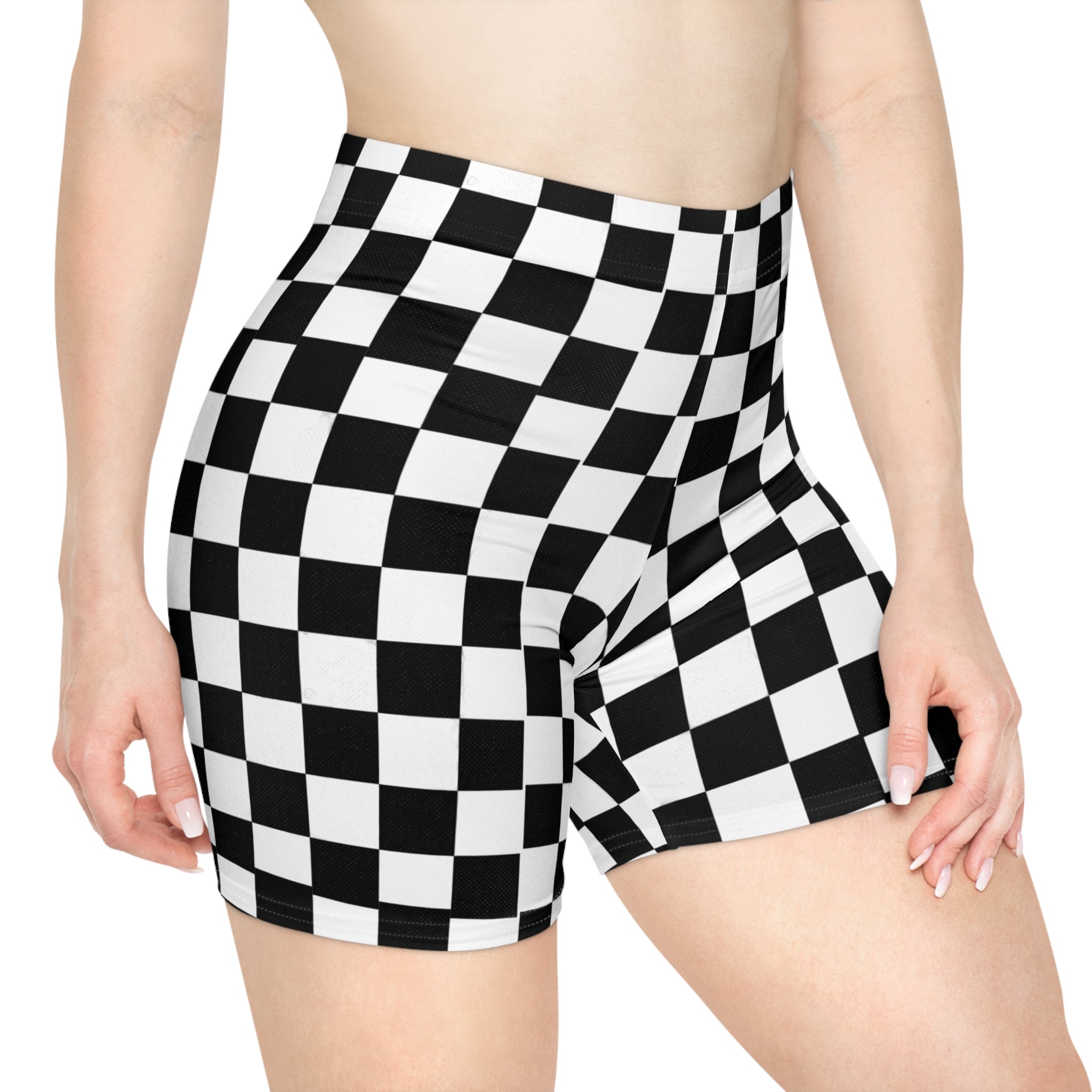 Checkerboard Biker Shorts — Black & White Retro Racing Print