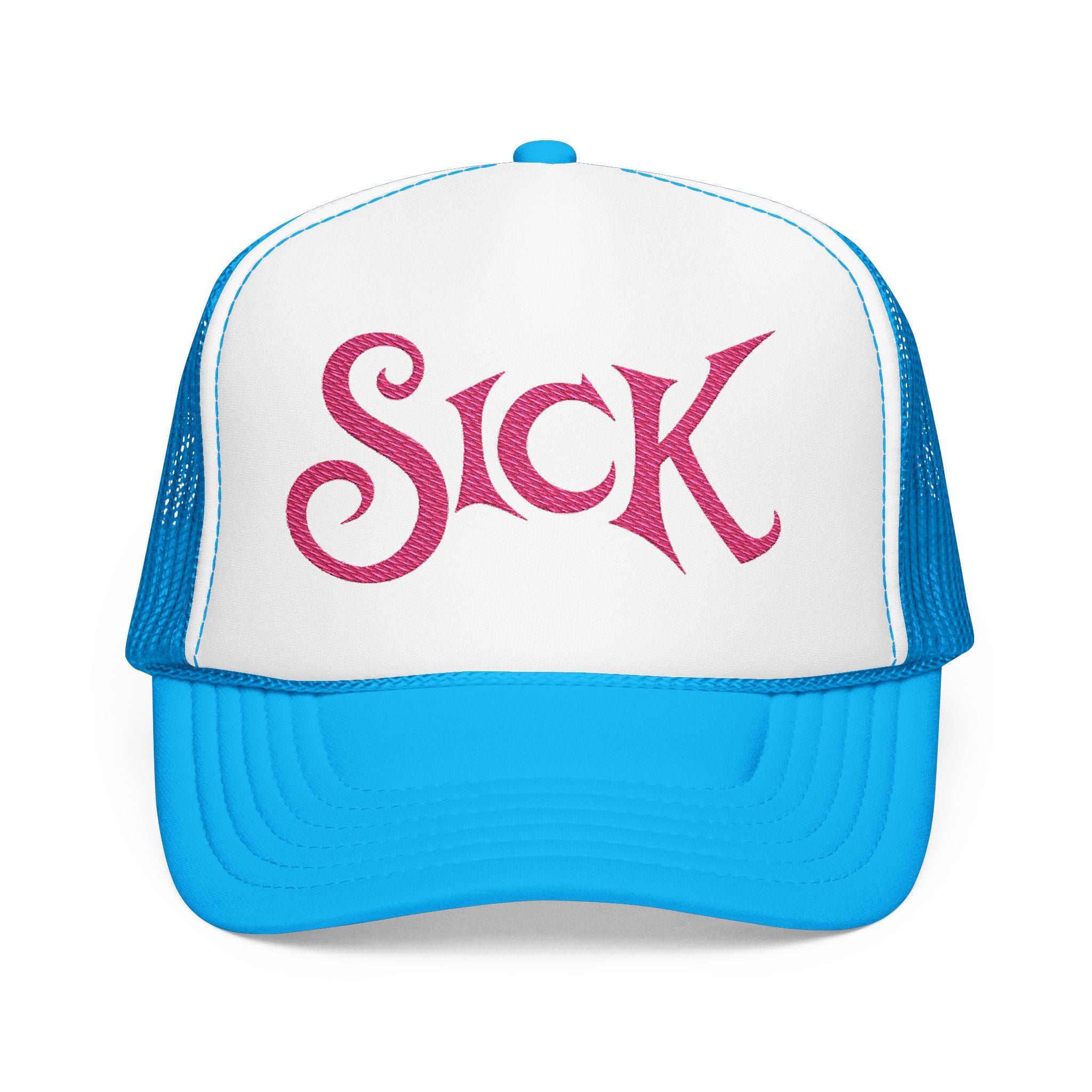 Sick Pink Glitter Script Trucker Hat — Retro Mesh Foam Cap
