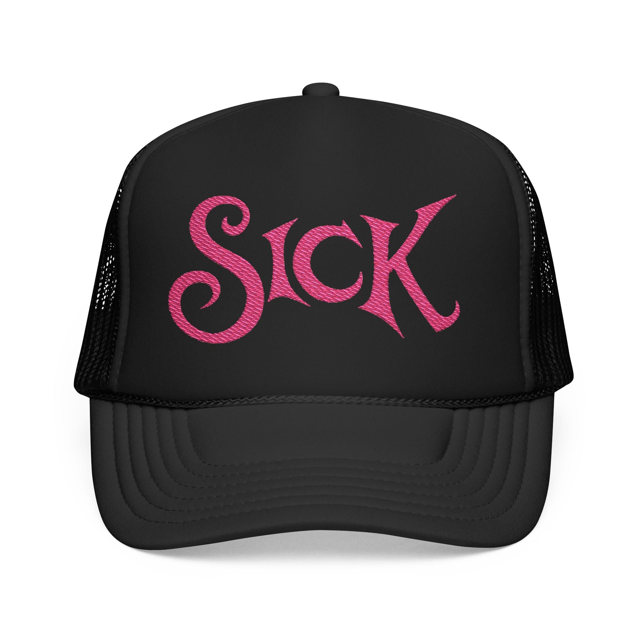 Sick Pink Glitter Script Trucker Hat — Retro Mesh Foam Cap