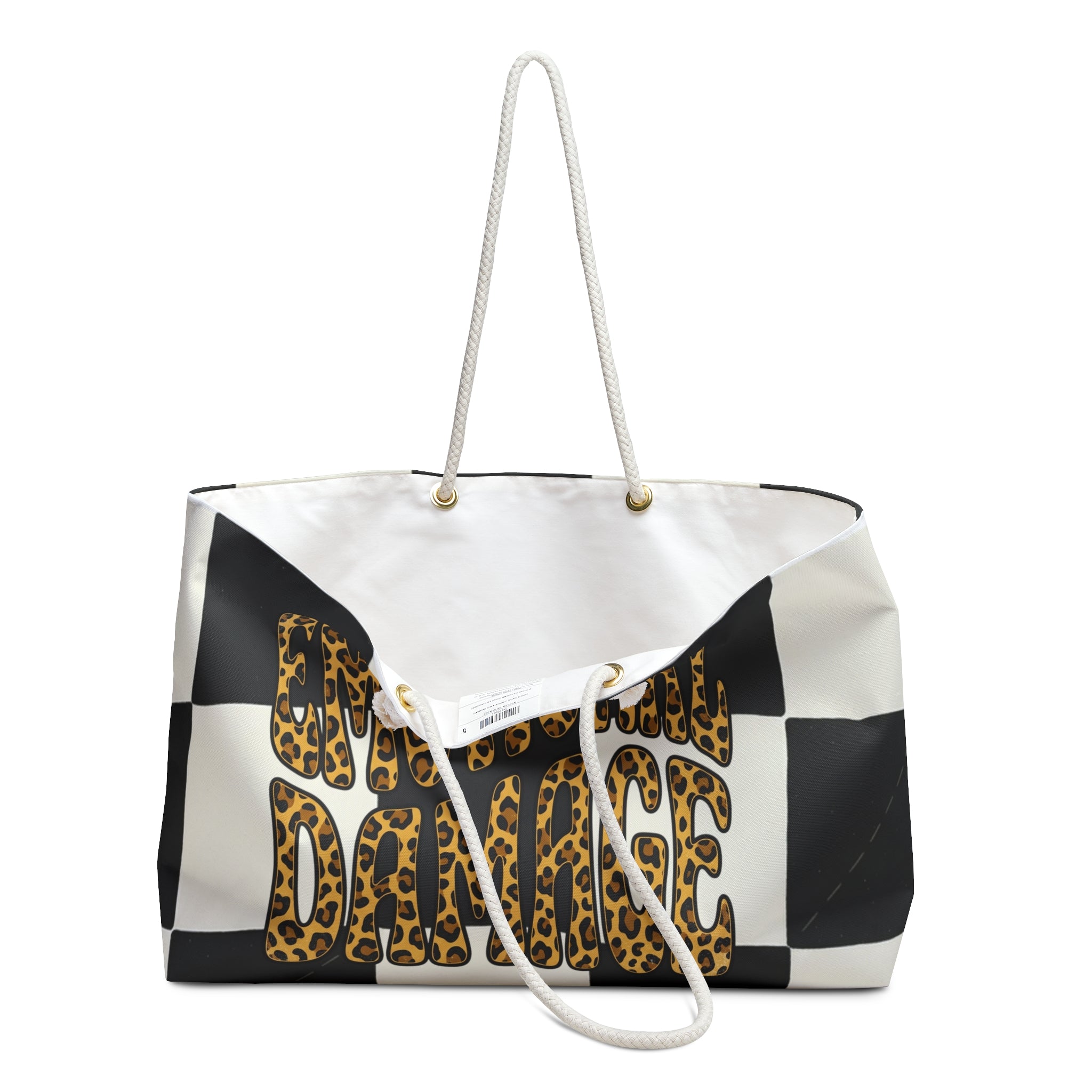 Leopard Script 'Emotional  Damage' Checkered Travel Tote