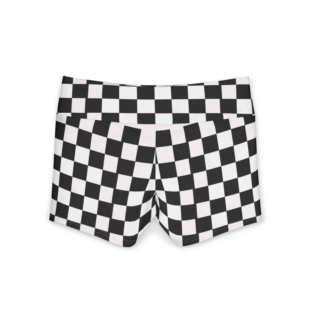 Checkerboard Print Women's Yoga Shorts — Black & White Retro Grid Activewear