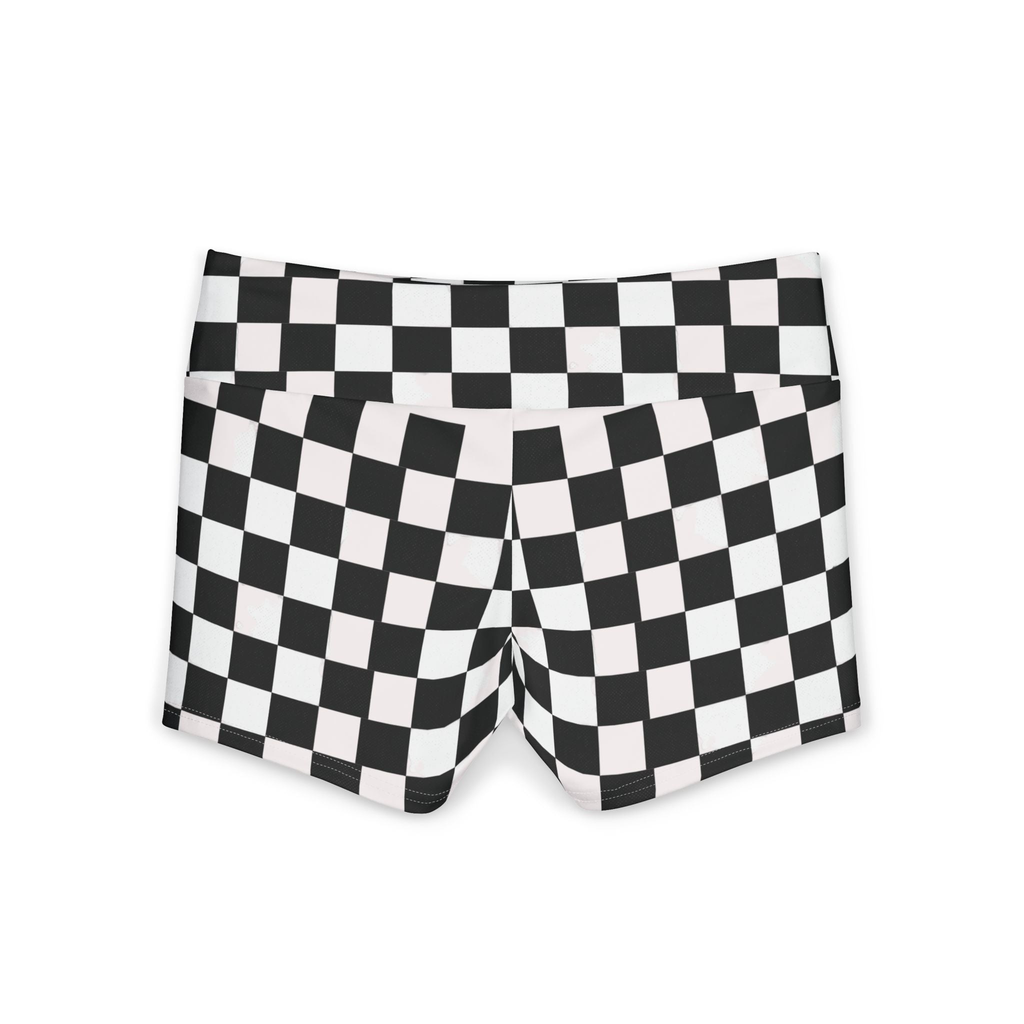 Checkerboard Print Women's Yoga Shorts — Black & White Retro Grid Activewear