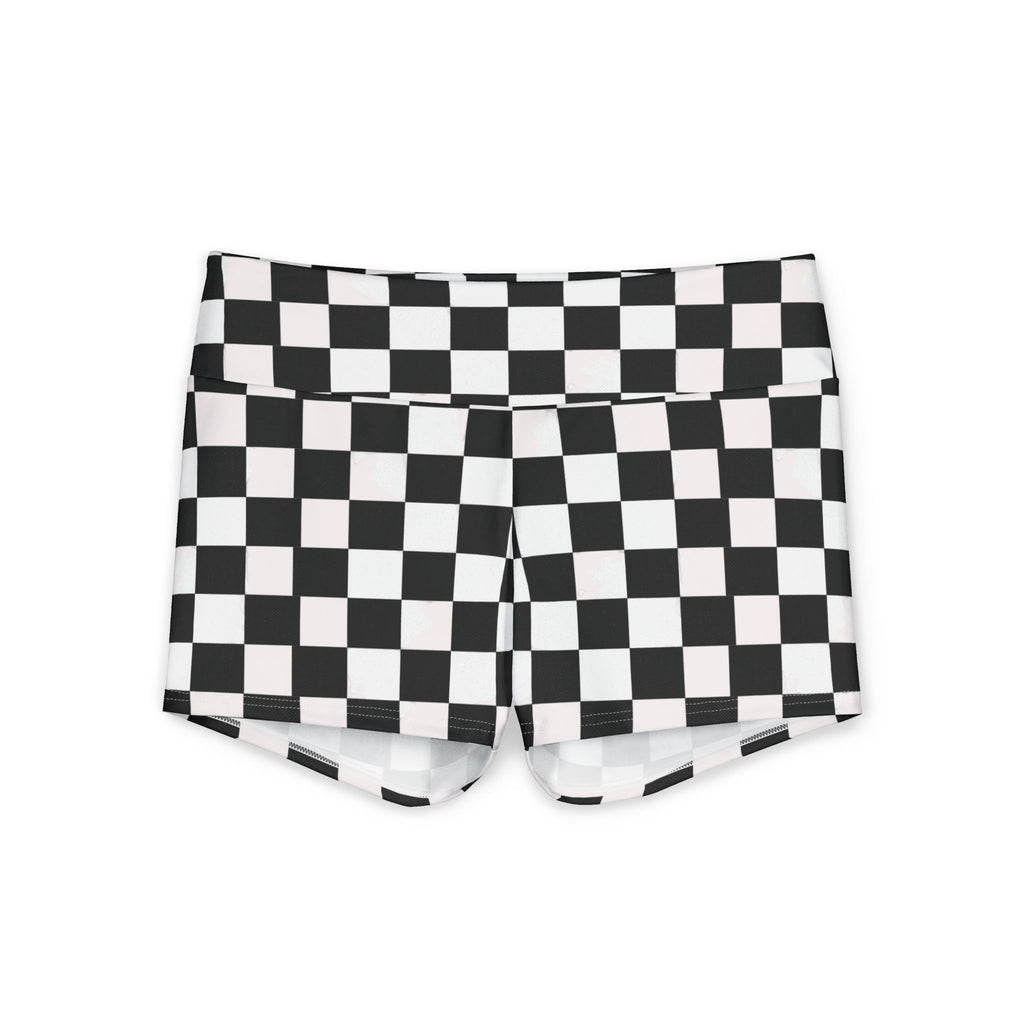 Checkerboard Print Women's Yoga Shorts — Black & White Retro Grid Activewear