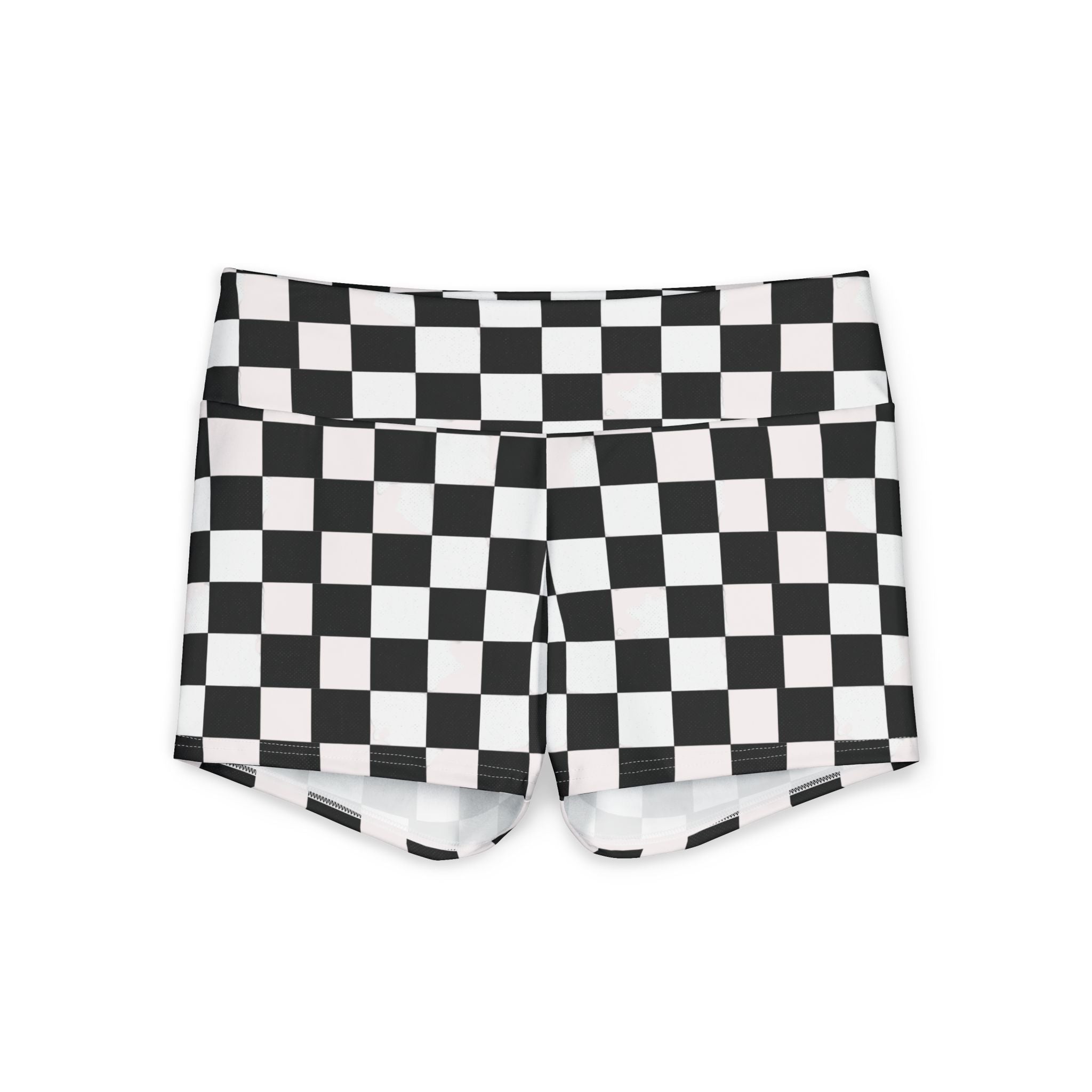 Checkerboard Print Women's Yoga Shorts — Black & White Retro Grid Activewear