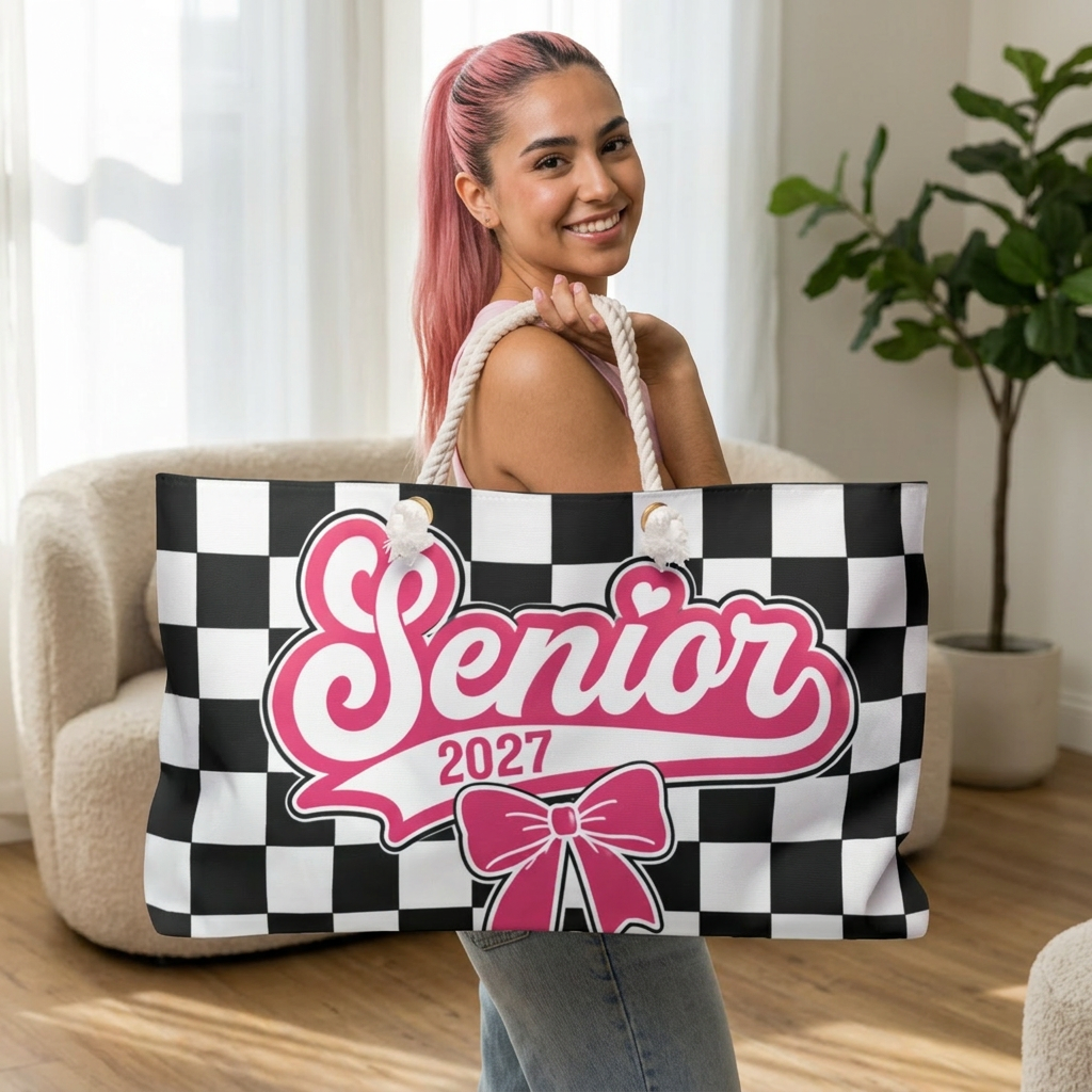 Senior 2027 - Black & White Checkered Graduation Travel Tote