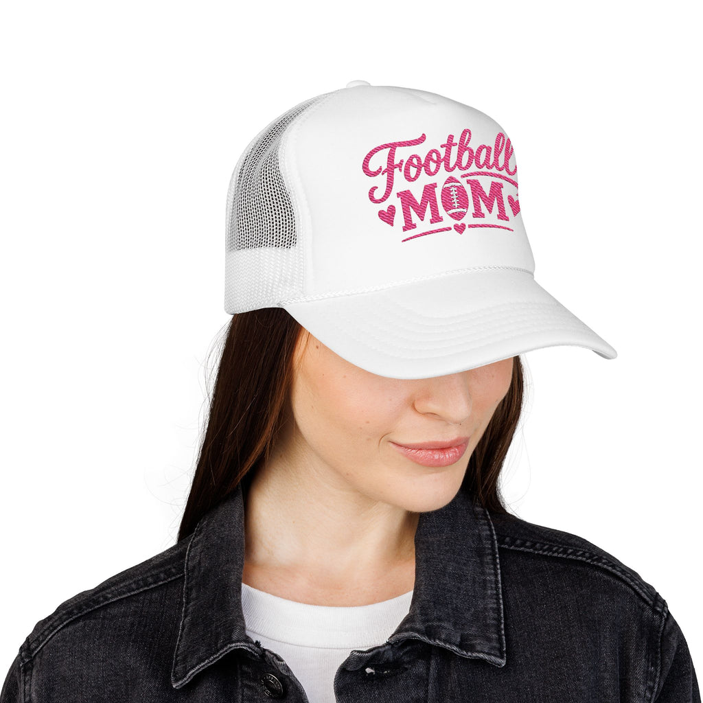Football Mom Trucker Hat — Pink Script Mesh Cap