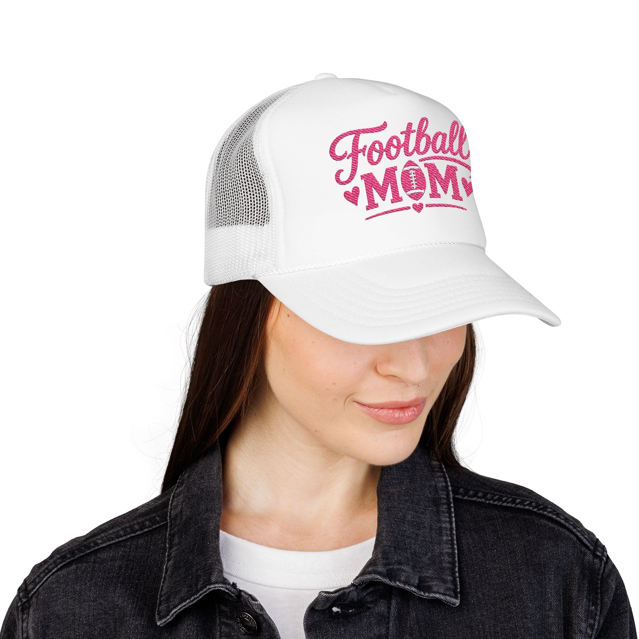 Football Mom Trucker Hat — Pink Script Mesh Cap