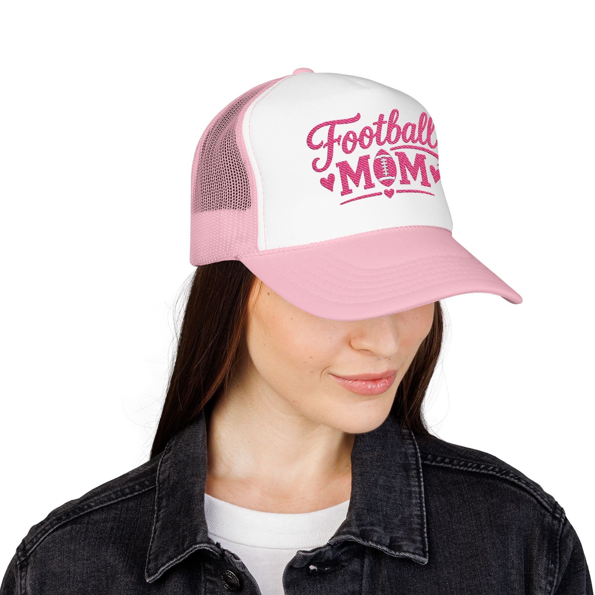 Football Mom Trucker Hat — Pink Script Mesh Cap