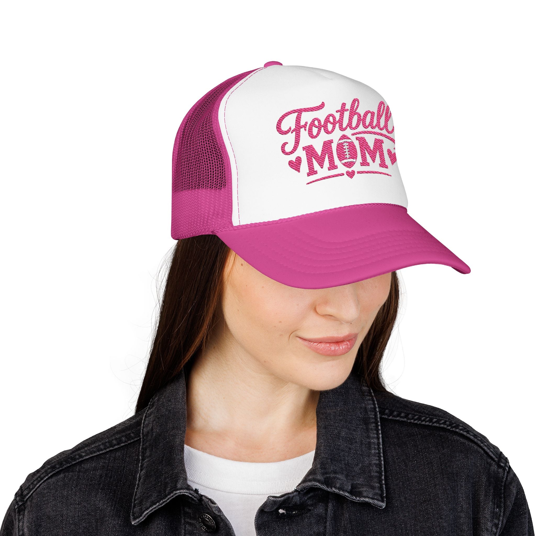 Football Mom Trucker Hat — Pink Script Mesh Cap