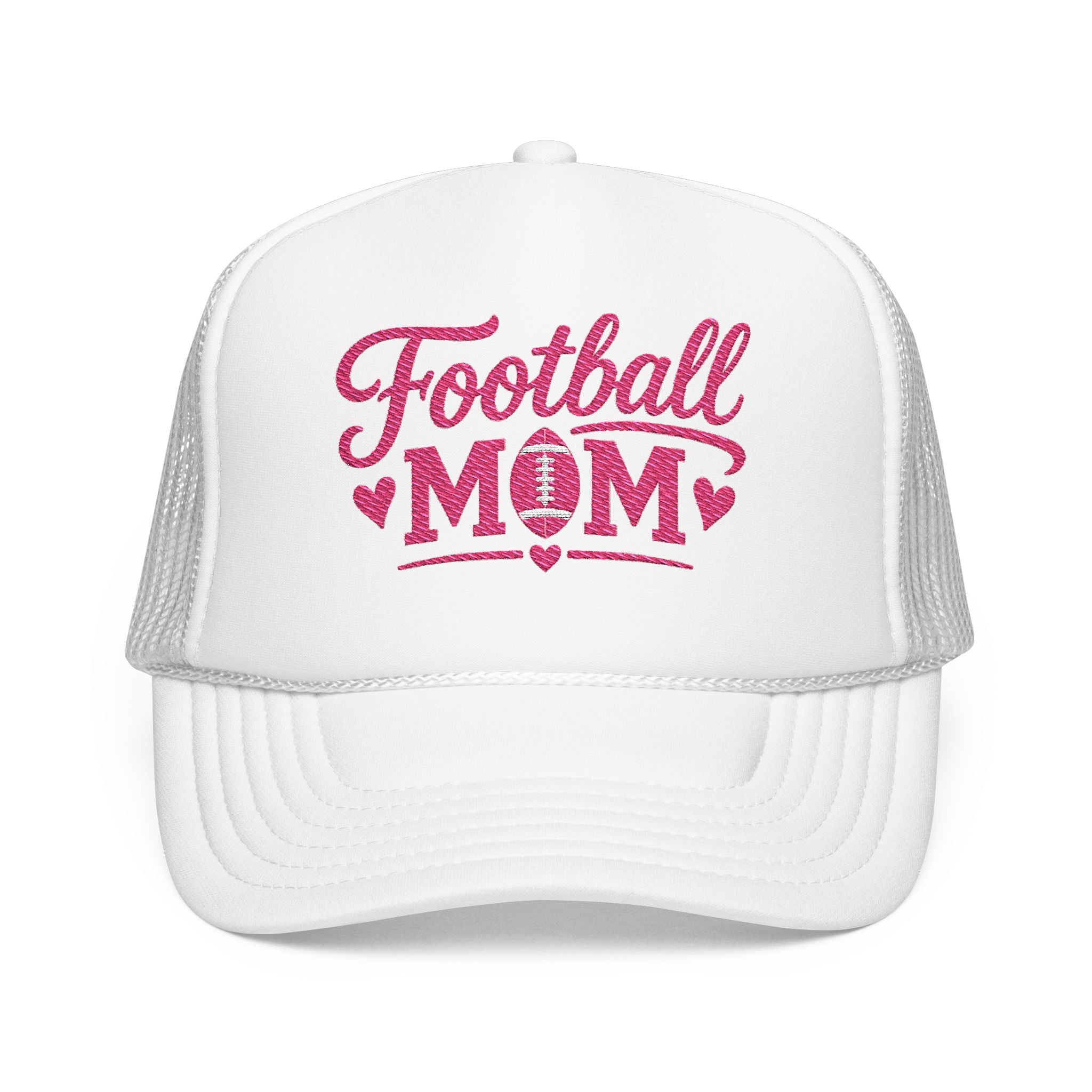 Football Mom Trucker Hat — Pink Script Mesh Cap