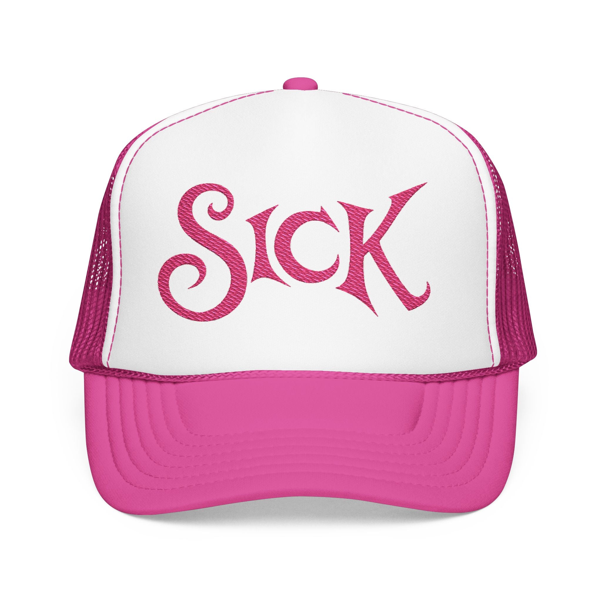 Sick Pink Glitter Script Trucker Hat — Retro Mesh Foam Cap