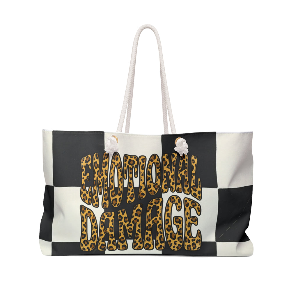 Leopard Script 'Emotional  Damage' Checkered Travel Tote