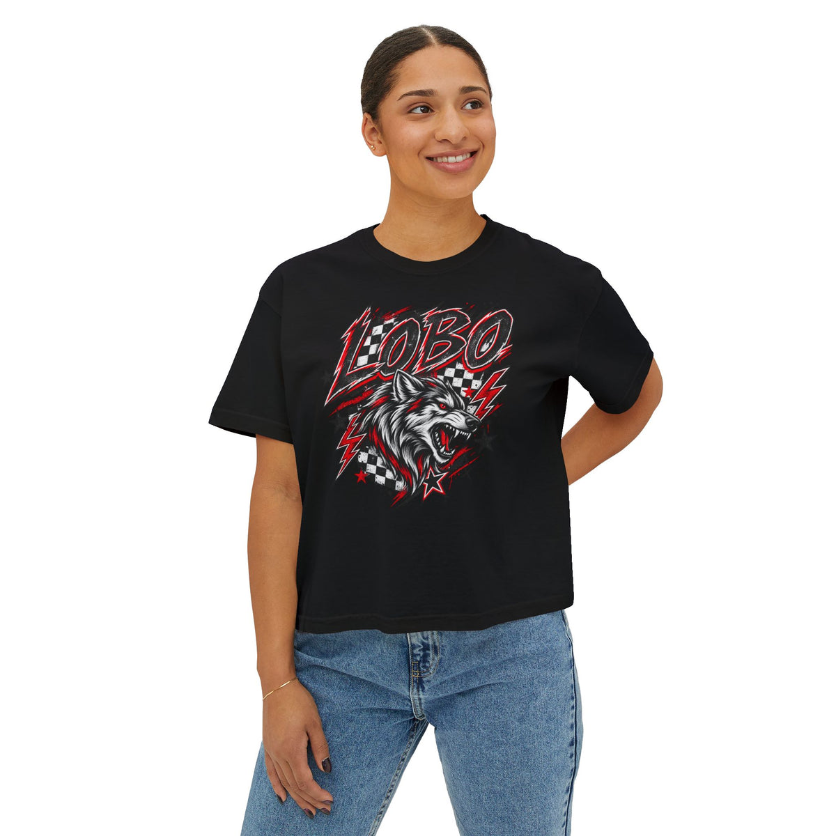 Lobo Wolf Graphic Boxy Tee — Retro Rock Band Style Women's Tee