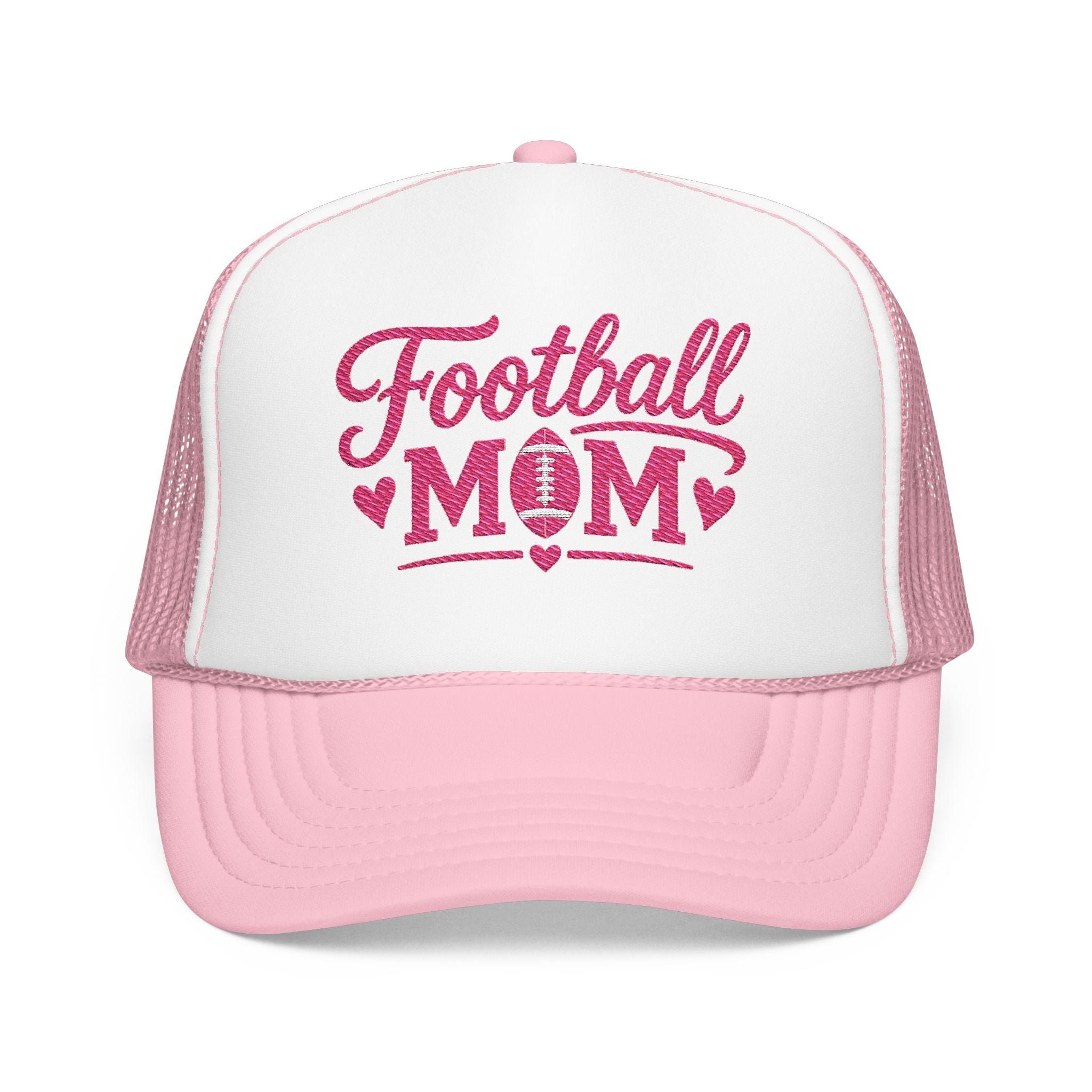 Football Mom Trucker Hat — Pink Script Mesh Cap