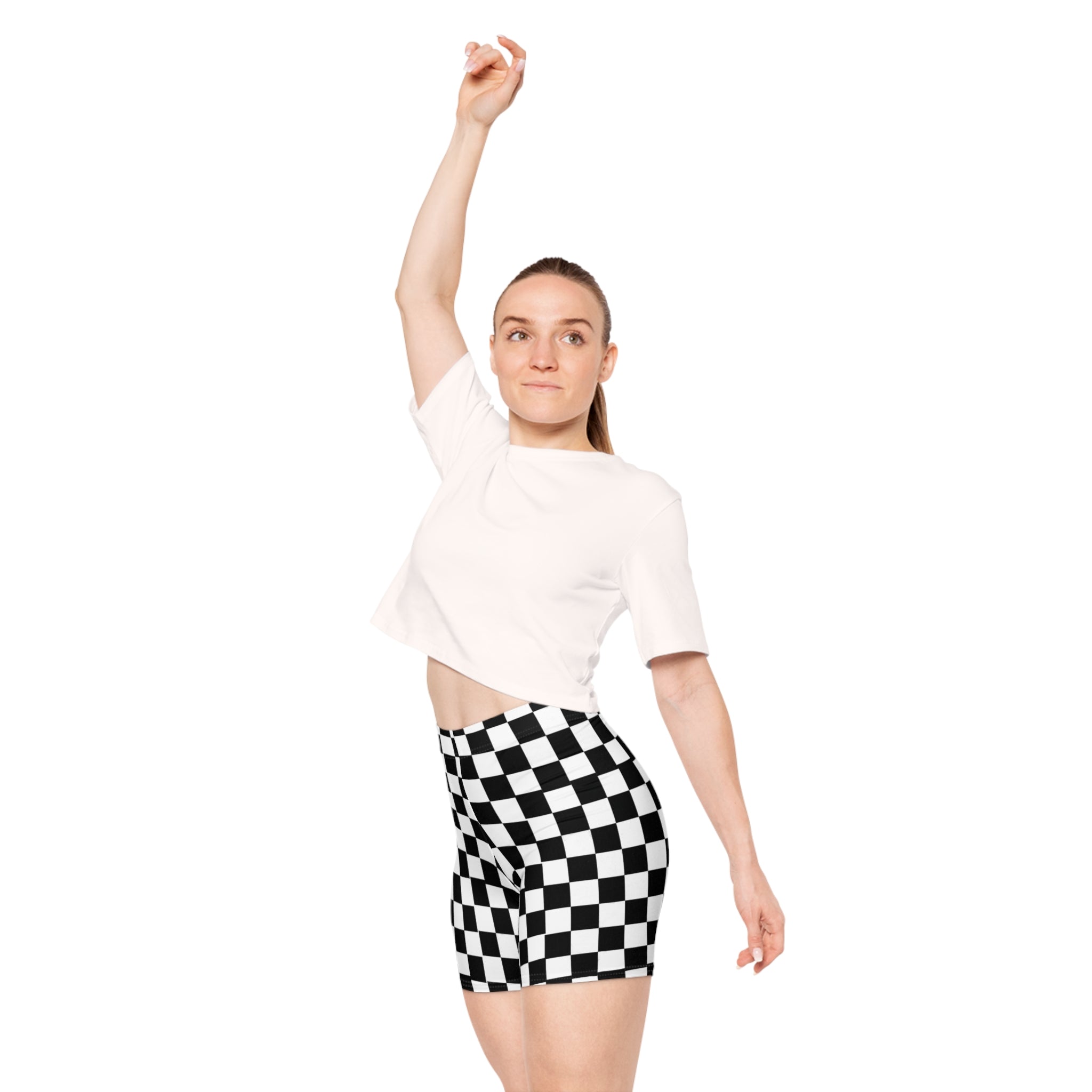 Checkerboard Biker Shorts — Black & White Retro Racing Print